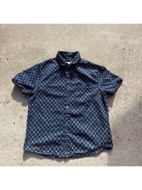 Sixxta Button Down Denim Blue Checkerboard Men Small Short Sleeve